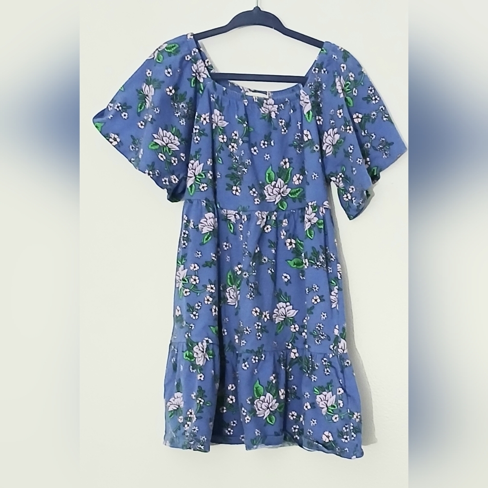 Crewcuts J Crew Dress Girl's Size 4 Blue with Purple Floral Short Sleeve Pullon